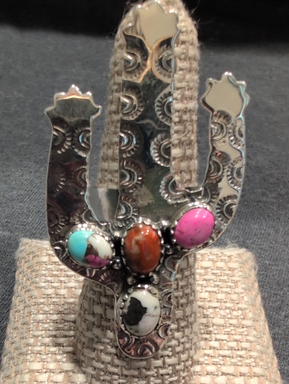 Sterling Silver Stamped  Multi Turquoise Stone Cactus Ring